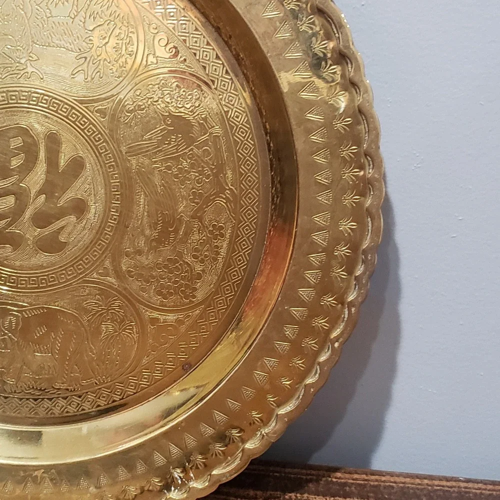 Vintage Brass Wall Hanging Tray 14in Etched Chinese Dragon Elephant Gold Good